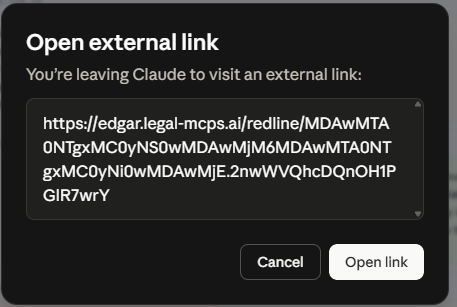 A confirmation dialog headed Open external link, showing the redline URL and Cancel and Open link buttons.