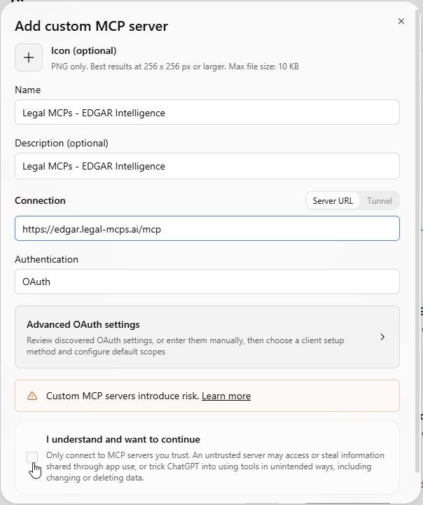 ChatGPT's Add custom MCP server dialog with the name, the server URL and OAuth authentication