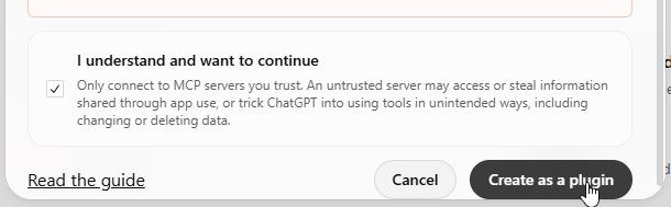 The I understand and want to continue checkbox and the Create as a plugin button