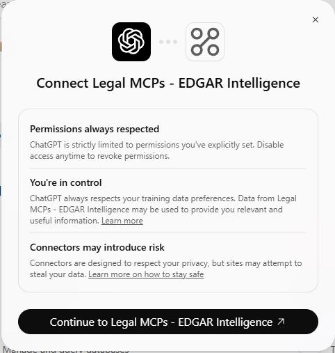 ChatGPT's connect sheet for Legal MCPs - EDGAR Intelligence with a Continue button