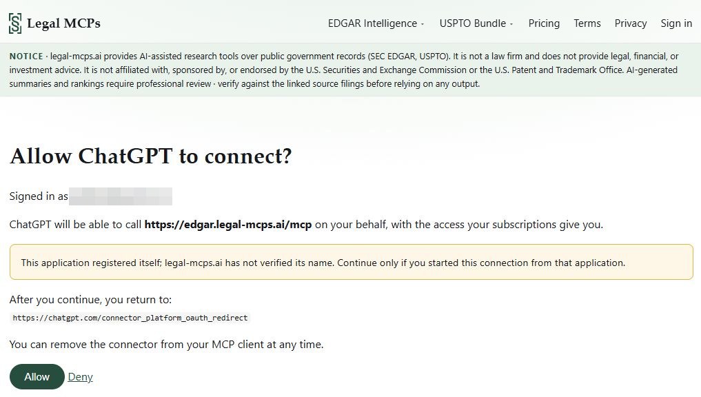 The Allow ChatGPT to connect page on legal-mcps.ai with the Allow button