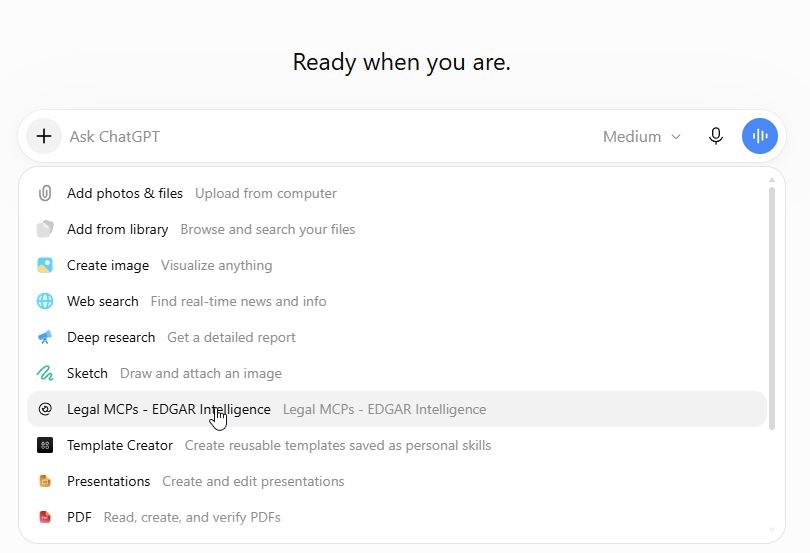 ChatGPT's tools menu listing Legal MCPs - EDGAR Intelligence