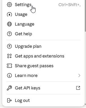 The claude.ai account menu with Settings at the top