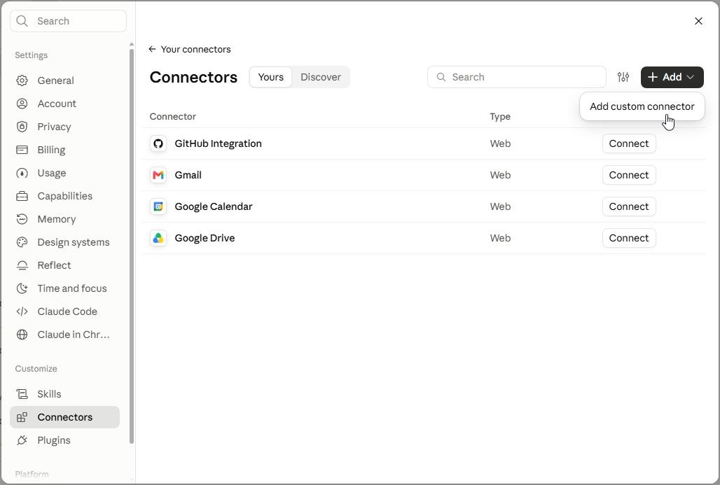 The Connectors page in Settings, with the Add menu open on Add custom connector