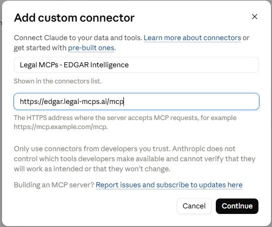 The Add custom connector dialog with the name Legal MCPs - EDGAR Intelligence and the connector address filled in