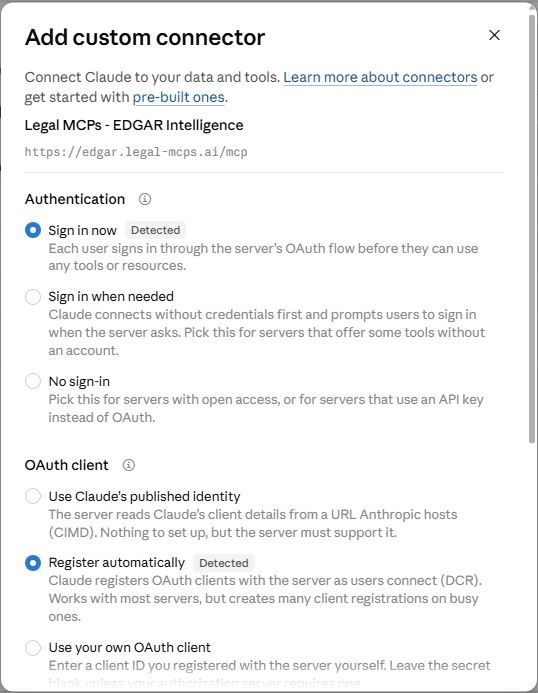 The dialog's Authentication section with Sign in now detected and OAuth client set to Register automatically