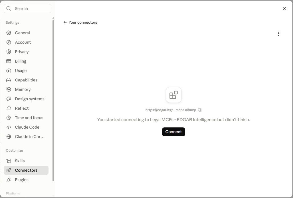 The new connector's page saying you are not connected yet, with a Connect button