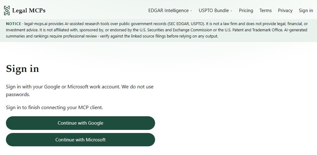 The legal-mcps.ai sign-in page with Continue with Google and Continue with Microsoft buttons