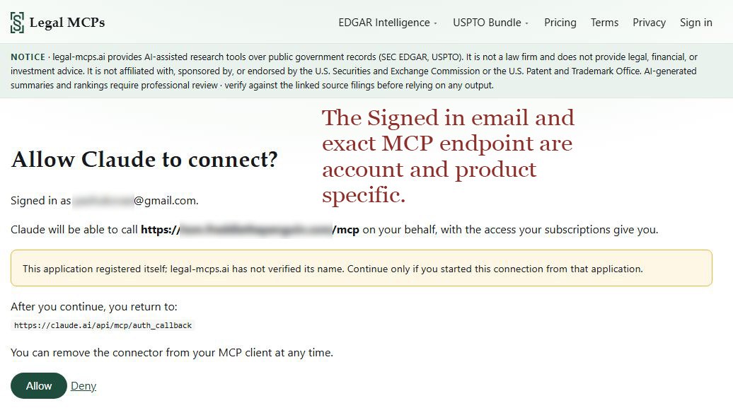The Allow Claude to connect page, showing the signed-in address, the MCP endpoint and the Allow button