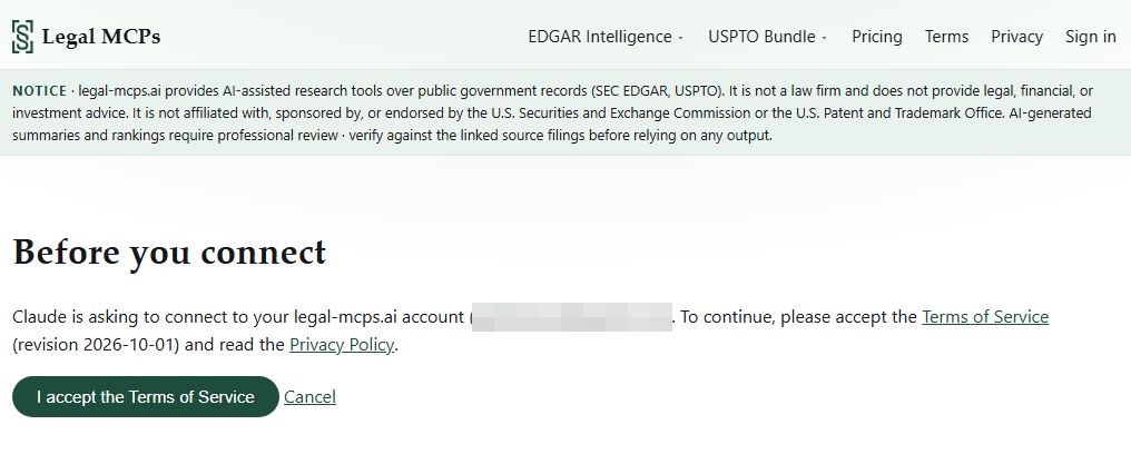 The Before you connect page: accept the Terms of Service for the signed-in account